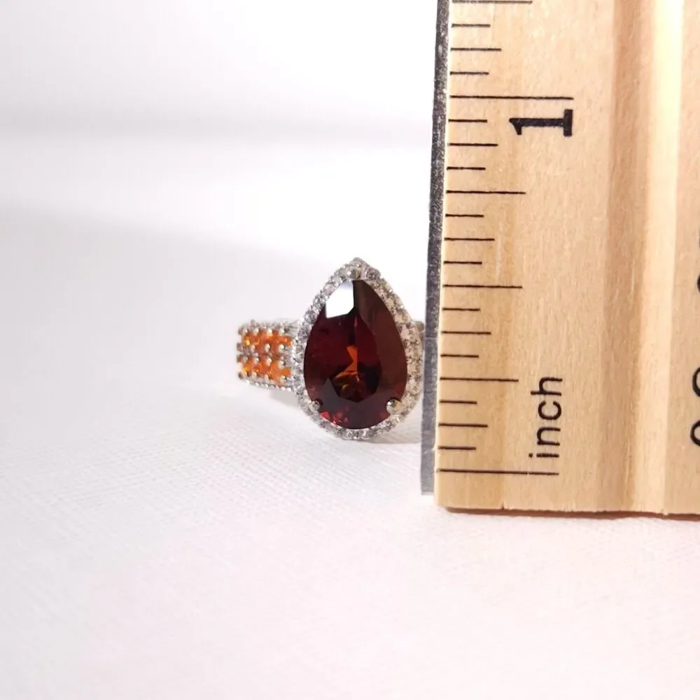 Brazilian Red Citrine Pear and Fire Opal Ring Size 8